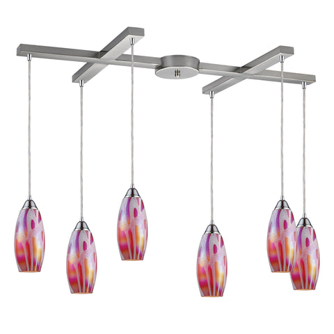 Iridescence 6 Light Pendant In Satin Nickel And Fuschia Glass