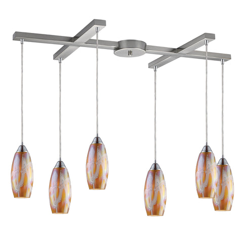 Iridescence 6 Light Pendant In Satin Nickel And Golden Glass