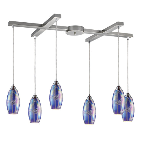 Iridescence 6 LED Light Pendant In Satin Nickel And Storm Blue Glass