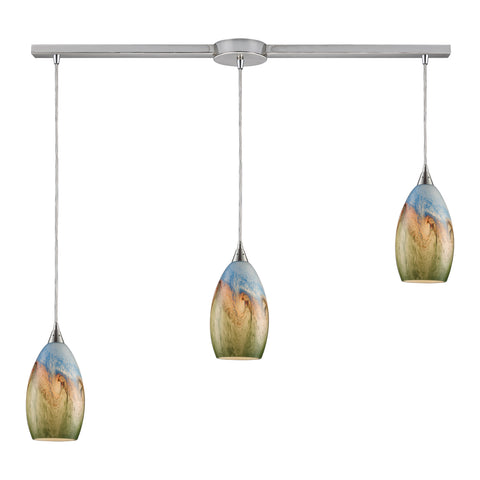 Geologic 3 LED Light Pendant In Satin Nickel And Multicolor Glass
