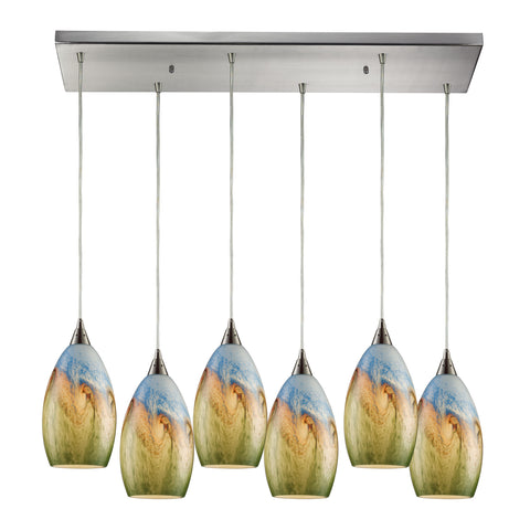 Geologic 6 Light Pendant In Satin Nickel And Multicolor Glass
