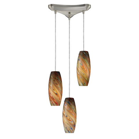 Vortex 3 LED Light Pendant In Satin Nickel And Rainbow Glass