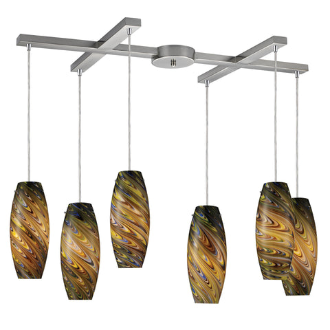 Vortex 6 Light Pendant In Satin Nickel And Celestial Glass