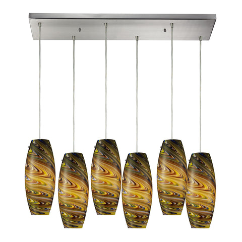 Vortex 6 Light Pendant In Satin Nickel And Celestial Glass