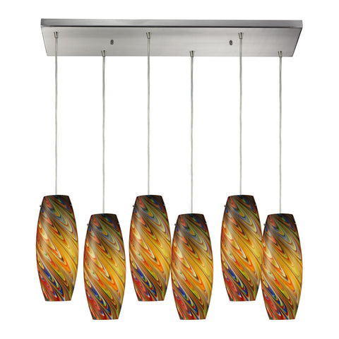 Vortex 6 light Pendant In Satin Nickel And Rainbow Glass
