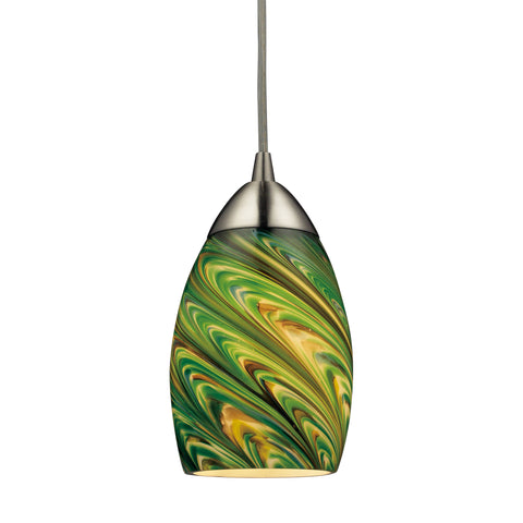 Mini Vortex 1 Light Pendant In Satin Nickel And Evergreen Glass