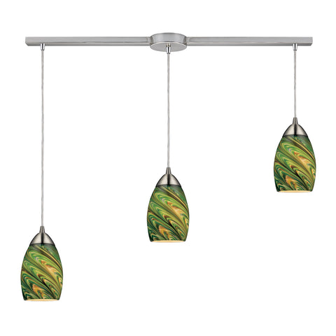 Mini Vortex 3 Light Pendant In Satin Nickel And Evergreen Glass