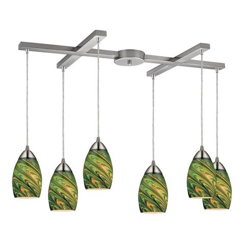 Mini Vortex 6 Light Pendant In Satin Nickel And Evergreen Glass