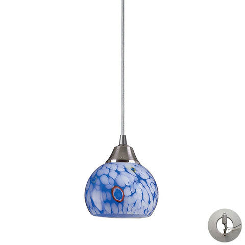 Mela 1 Light Pendant In Satin Nickel And Starburst Blue Glass - Includes Recessed Lighting Kit