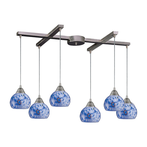 Mela 6 Light Pendant In Satin Nickel And Starburst Blue Glass