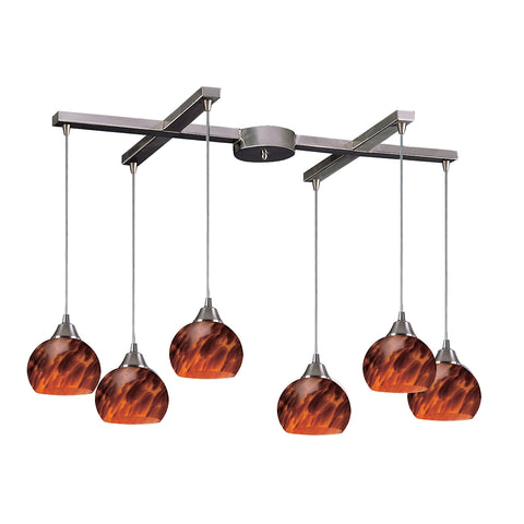 Mela 6 Light Pendant In Satin Nickel And Espresso Glass