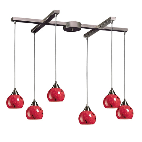 Mela 6 Light Pendant In Satin Nickel And Fire Red Glass