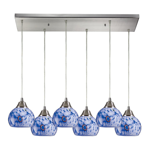 Mela 6 Light Pendant In Satin Nickel And Starburst Blue Glass