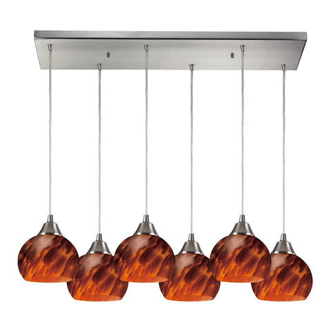 Mela 6 Light Pendant In Satin Nickel And Espresso Glass