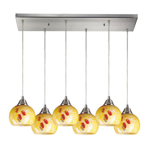 Mela 6 Light Pendant In Satin Nickel And Yellow Blaze Glass