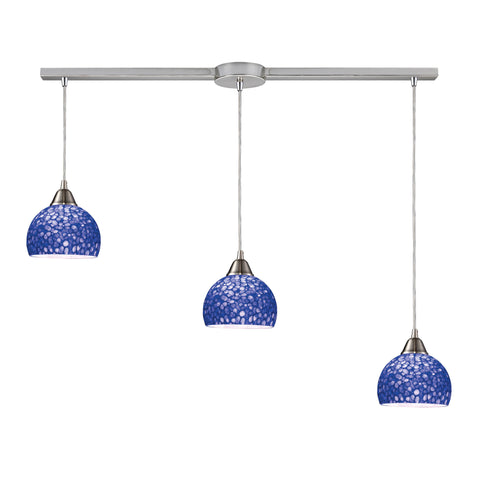 Cira 3 LED Light Pendant In Satin Nickel With Pebbled Blue Glass