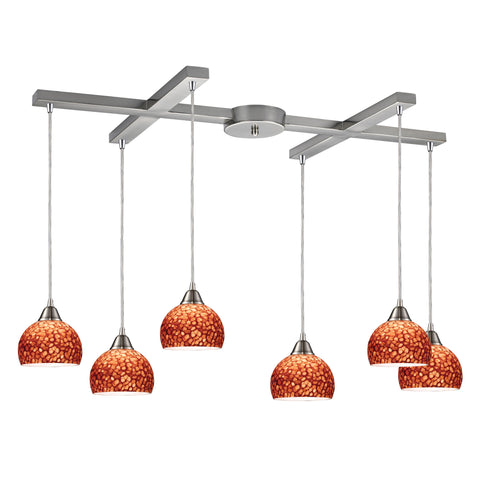 Cira 6 Light Pendant In Satin Nickel And Pebbled Espresso Glass