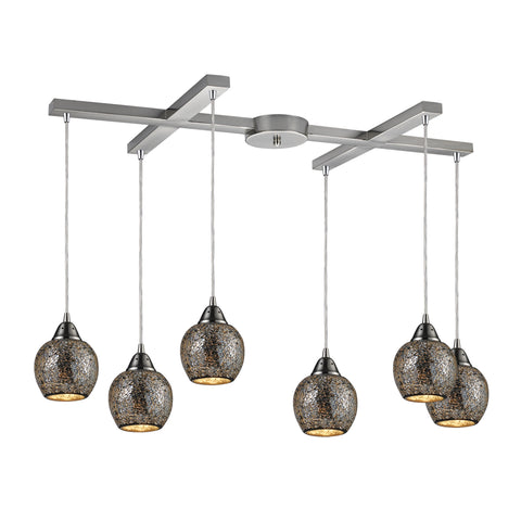 Fission 6 Light Pendant In Satin Nickel And Silver Glass