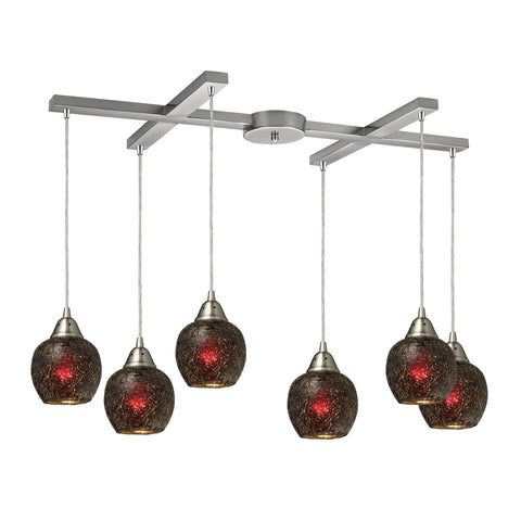 Fission 6 Light Pendant In Satin Nickel And Wine Glass