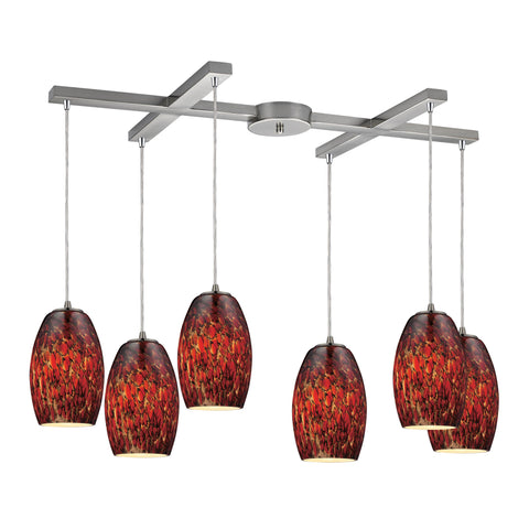 Maui 6 LED Light Pendant In Satin Nickel And Ember Glass