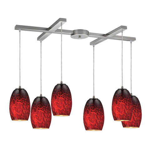 Maui 6 LED Light Pendant In Satin Nickel And Firebrick Glass