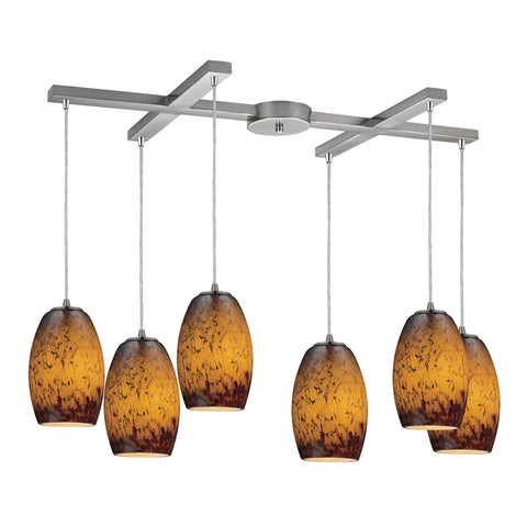 Maui 6 Light Pendant In Satin Nickel And Sunset Glass