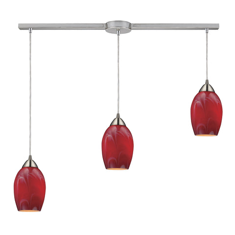 Favela 3 Light Pendant In Satin Nickel And Cherry Glass