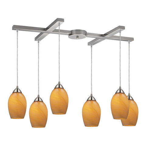 Favela 6 Light Pendant In Satin Nickel And Honey Melon Glass
