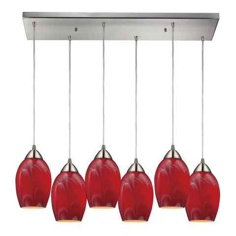 Favela 6 Light Pendant In Satin Nickel And Cherry Glass