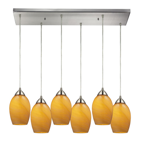 Favela 6 Light Pendant In Satin Nickel And Honey Melon Glass