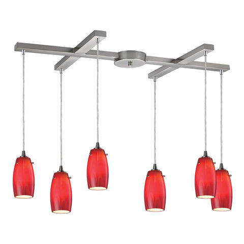 Favelita 6 Light Pendant In Satin Nickel And Cherry Glass