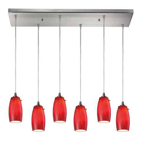 Favelita 6 Light Pendant In Satin Nickel And Cherry Glass