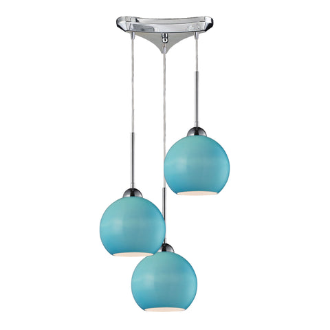 Cassandra 3 Light Pendant In Polished Chrome And Aqua Glass