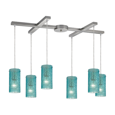 Ice Fragments 6 Light Pendant In Satin Nickel And Aqua Glass