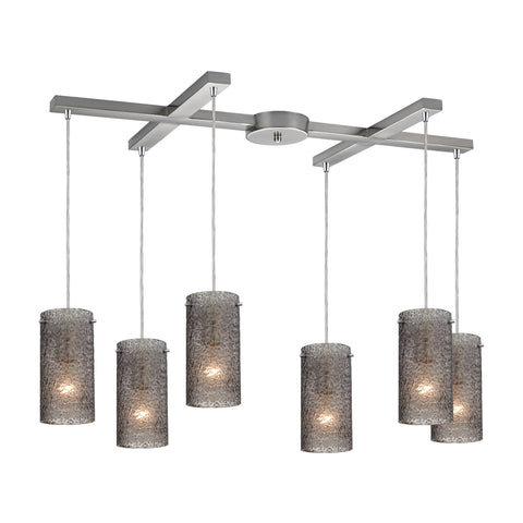 Ice Fragments 6 Light Pendant In Satin Nickel And Smoke Glass
