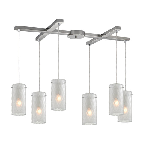 Synthesis 6 Light Pendant In Satin Nickel And Frosted Clear Glass