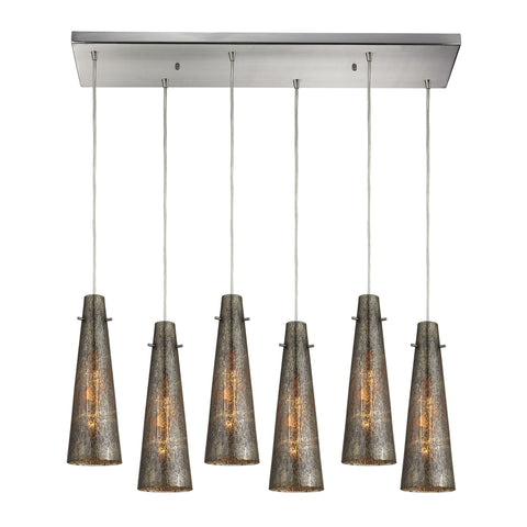 Rury 6 Light Pendant In Satin Nickel And Mercury Glass