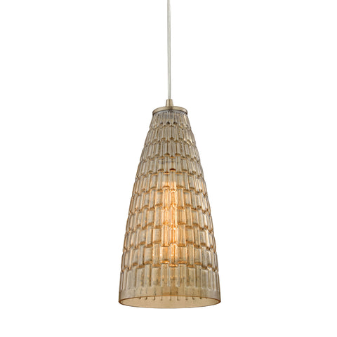 Mickley 1 Light Pendant In Satin Nickel And Amber Teak Glass