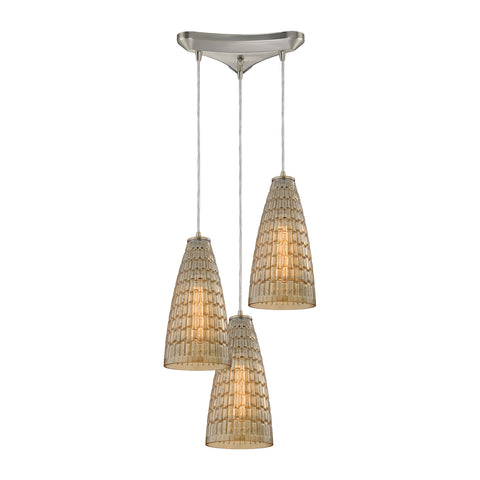 Mickley 3 Light Pendant In Satin Nickel And Amber Teak Glass