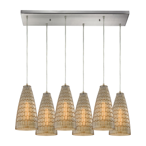 Mickley 6 Light Pendant In Satin Nickel And Amber Teak Glass