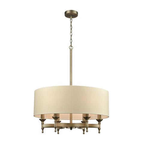 Pembroke 6 Light Chandelier In Brushed Antique Brass With A Light Tan Fabric Shade