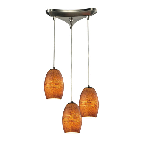 Andover 3 Light Pendant In Satin Nickel And Textured Brown Glass