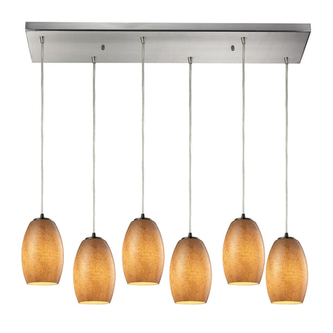 Andover 6 Light Pendant In Satin Nickel And Textured Beige Glass