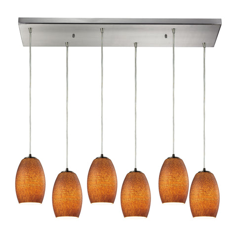 Andover 6 Light Pendant In Satin Nickel And Textured Brown Glass