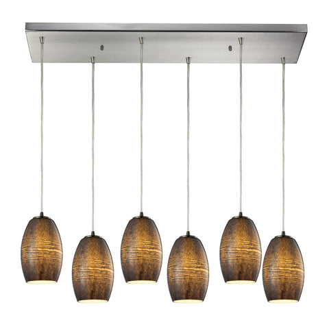 Andover 6 Light Pendant In Satin Nickel And Textured Multicolor Glass