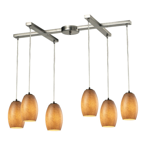 Andover 6 LED Light Pendant In Satin Nickel And Textured Beige Glass
