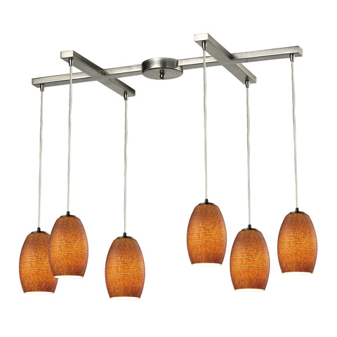 Andover 6 Light Pendant In Satin Nickel And Textured Brown Glass