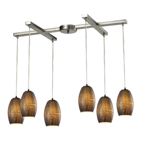 Andover 6 Light Pendant In Satin Nickel And Textured Multicolor Glass