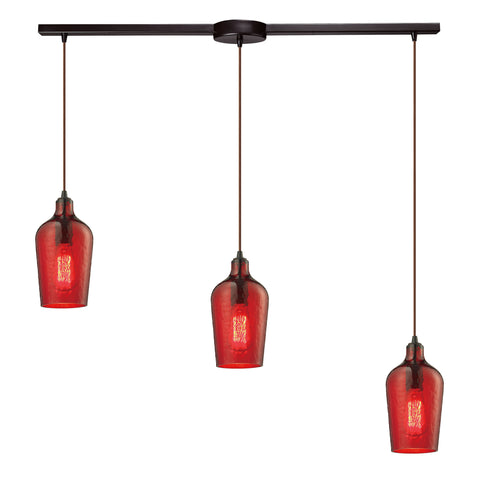 Hammered Glass 3 Light Pendant In Oil Rubbed Bronze And Red Glass