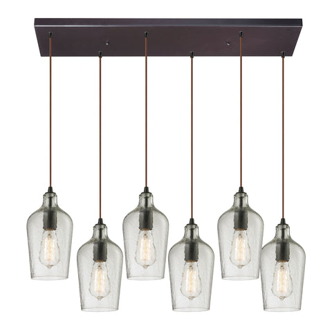 Hammered Glass 6 Light Pendant In Oil Rubbed Bronze And Clear Glass